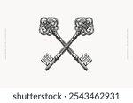 Carved crossed keys in engraving style. Two elegant keys with Victorian curls. Medieval symbol on white isolated background. Vintage vector illustration for postcard design, book or tattoo template.