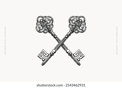 Carved crossed keys in engraving style. Two elegant keys with Victorian curls. Medieval symbol on white isolated background. Vintage vector illustration for postcard design, book or tattoo template.