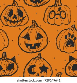 Carved Cute and Funny Halloween Pumpkins seamless orange and black vector pattern