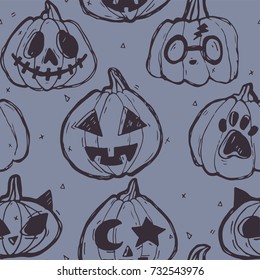 Carved Cute and Funny Halloween Pumpkins seamless blue and black vector pattern