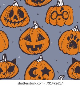 Carved Cute and Funny Orange Halloween Pumpkins seamless vector pattern