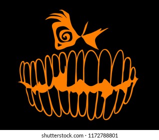 Carved evil smiling pumpkin jack-o-lantern face. Hand drawn Halloween celebration design element symbol. Vector illustration in orange over black.