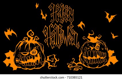 Carved evil smiling pumpkins jack-o-lanterns hand drawn Halloween celebration greeting card. Holiday lettering dark vector illustration.