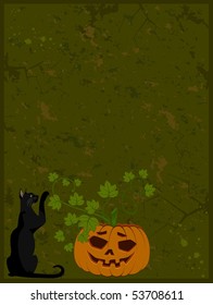 The carved face of pumpkin with cat on Halloween