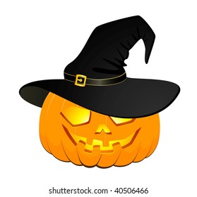 The carved face of pumpkin glowing on Halloween is in the black hat