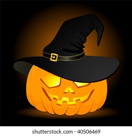 The carved face of pumpkin glowing on Halloween is in the black hat