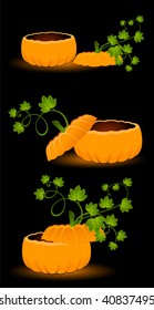 The carved face of pumpkin glowing on Halloween
