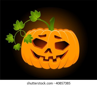  The carved face of pumpkin glowing on Halloween