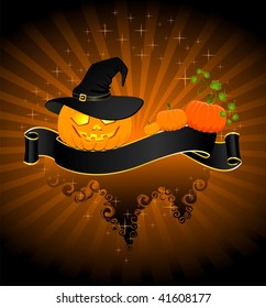  The carved face of pumpkin glowing on Halloween