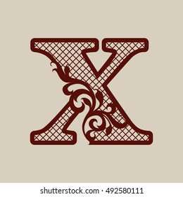 Carved flower pattern. Elegant monogram the letter X. The template can be used for printing or laser cutting greeting and wedding cards, invitations, interior design, etc