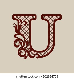 Carved flower pattern. Elegant monogram initial letter U. The template can be used for printing or laser cutting greeting and wedding cards, invitations, interior design, etc