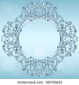 carved frame of ice for picture or photo on a blue background