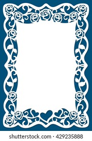 Carved Greeting Card Pattern with roses and hearts. The template is suitable for greeting cards, invitations, etc. The picture suitable for laser cutting or printing. Vector.