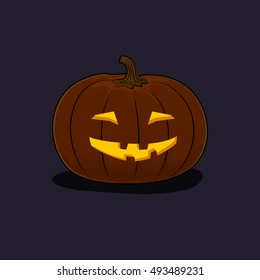 Carved Grinning Scary Halloween Pumpkin on Dark Background, a Jack-o-Lantern, Vector Illustration 