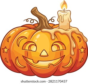 Carved Halloween jack o lantern pumpkin with a burning melting candle on top, isolated vector illustration on a clean white background