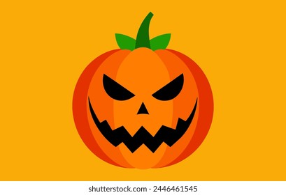 Carved Halloween pumpkin with a fierce face. Jack-o-lantern vector illustration. Isolated on yellow background. Concept of Halloween, spooky decoration, trick or treat, festive decor, holiday