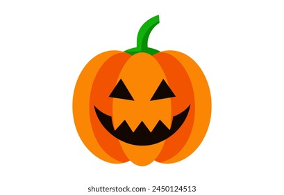 Carved Halloween pumpkin with a fierce face. Jack-o-lantern vector illustration. Isolated on white background. Concept of Halloween, spooky decoration, trick or treat, and holiday celebration.