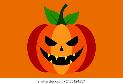 Carved Halloween pumpkin with fierce face. Jack-o-lantern vector illustration. Isolated on orange background. Concept of Halloween, spooky decoration, trick or treat, festive decor, holiday