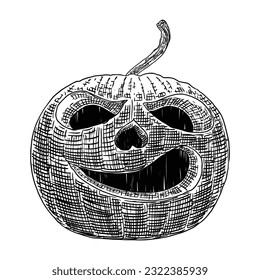 Carved Halloween pumpkin hand drawing sketch. Halloween pumpkin scary smile and eyes for party celebration. Traditional horror symbol of night Jack O Lantern pumpkin. Spirits and demons. 