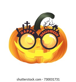 Carved Halloween pumpkin head jack lantern wearing Halloween party glasses