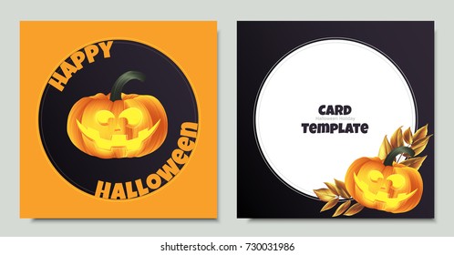 Carved Halloween pumpkin head jack lantern with leaves, card template design