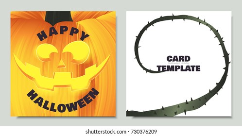 Carved Halloween pumpkin head jack lantern close up, vine and thorn, card template design