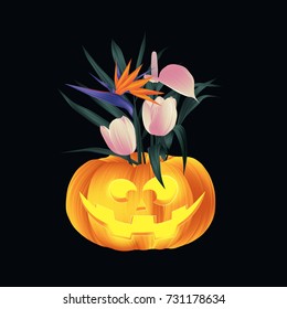 Carved Halloween Pumpkin Head Jack Lantern Decorated With Palm Leaves, Bird Of Paradise And Tulip Flowers