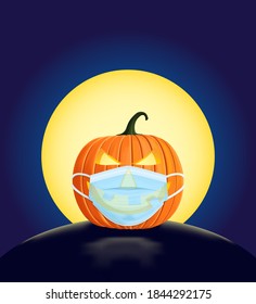 Carved halloween pumpkin lantern wearing a surgical face mask in front of a fool moon sky during the coronavirus pandemic