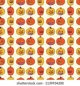 Carved Halloween Pumpkin Pattern, Hand Drawn Seamless Vector Illustration for Seasonal Fashion Prints, Spooky Stationery, Trick or Treat Party Decor, Holiday Wrap , Costume Fabric, Orange Yellow Cream