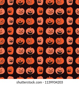 Carved Halloween Pumpkin Pattern, Hand Drawn Seamless Vector Illustration for Seasonal Fashion Prints, Spooky Stationery, Trick or Treat Party Decor, Holiday Wrap , Costume Fabric, Orange Black 