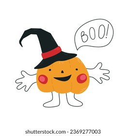 Carved Halloween pumpkin with spooky face. Cheerful pumpkin in magic hat, symbol of Halloween. Funny character on All Saints' Day. Jack-o'-lantern. Vector illustration