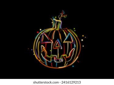 Carved Halloween pumpkin, stylized vector hand drawing in colors over black
