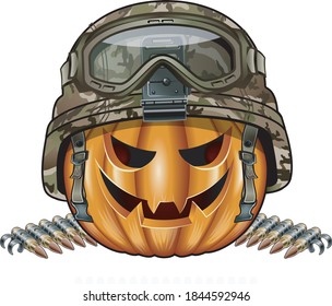 carved halloween pumpkin wearing military helmet and ammunition belt