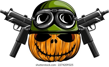 carved halloween pumpkin wearing military helmet