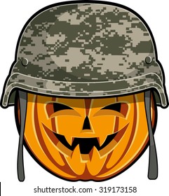 carved halloween pumpkin wearing military helmet