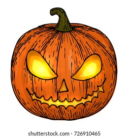 Carved Halloween pumpkins, colorful scary Halloween sketch illustration. Vector