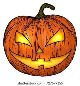 Carved Halloween pumpkins, colorful scary Halloween sketch illustration. Vector