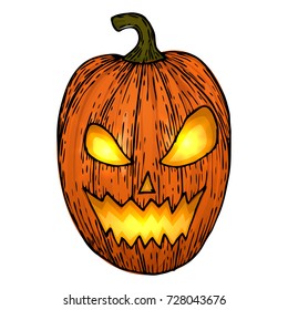 Carved Halloween pumpkins, colorful scary Halloween sketch illustration. Vector