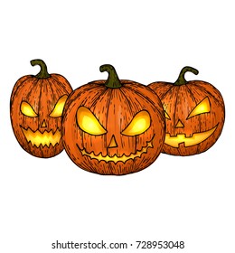 Carved Halloween pumpkins, colorful scary Halloween sketch illustration. Vector