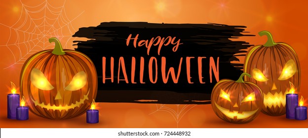 Carved Halloween pumpkins, horizontal banner. Colorful scary Halloween illustration. Vector