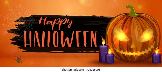 Carved Halloween pumpkins, horizontal banner. Colorful scary Halloween illustration. Vector