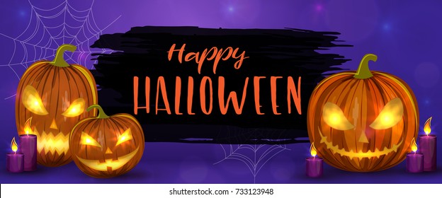 Carved Halloween pumpkins, horizontal banner. Colorful scary Halloween illustration. Vector