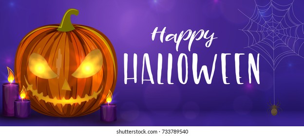 Carved Halloween pumpkins, horizontal banner. Colorful scary Halloween illustration. Vector