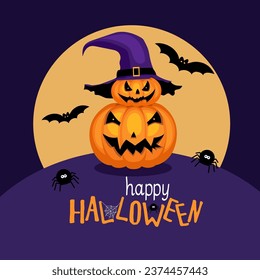 Carved Halloween pumpkins with spooky face wearing witch hat on purple background