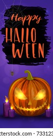 Carved Halloween pumpkins, vertical banner. Colorful scary Halloween illustration. Vector
