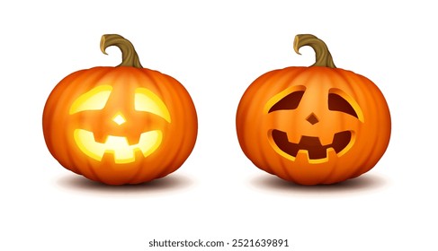 Esculpido feliz abóboras iluminado e escuro realístico conjunto de ícones de cores. Decorações tradicionais de Halloween exalando vibrações assustadoras personagens 3d ilustrações