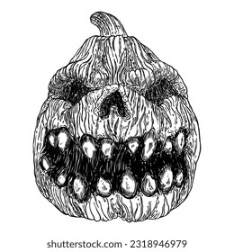 Carved Jack o lantern smile and scary eyes. Halloween pumpkin candles light. Horror monster head for seasonal holiday celebration. Spirits night.