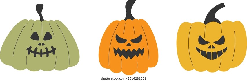 Carved Jack-o-lanterns vector set. Pumpkin with funny and scary faces Halloween symbol.