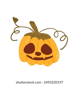 Carved lantern isolated on white background. Textured stylized autumn ripe vegetable with spooky face. Halloween pumpkin with tendrils and leaves. Vector hand drawn flat illustration