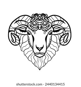 Carved line drawing with a straight face and beautiful horns.Vector illustration isolated on white.